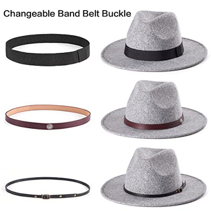 Felt Wide Brim Fedora Hats for Women Men, with Band Belt Buckle, Adjustable - color: P05 Light Grey