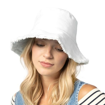 CHOK.LIDS Frayed Bucket Hat Washed Cotton Floppy Wide Brim Boonie Cap - color: White
