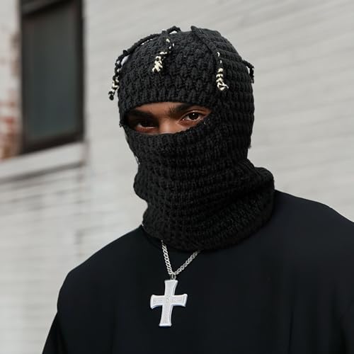 CLAPE Distressed Balaclava for Men, Funny Knitted Ski Motorcycle Mask Distressed Winter Windproof Snow Full Face Cover Mask - color: Khwb2401-black