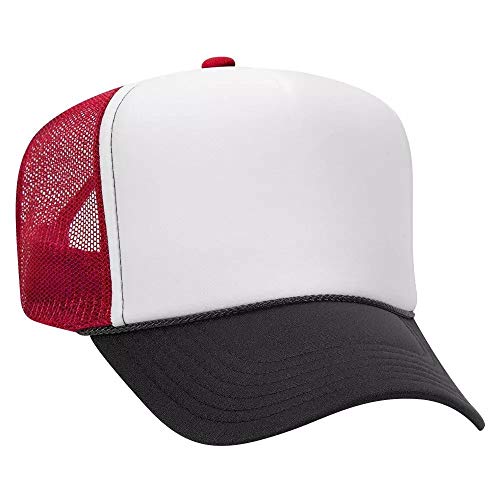 Ashen Fane Polyester Foam Front 5 Panel High Crown Mesh Back Trucker Hat - color: Blk/Wht/Red