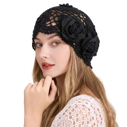 ZLYC Women Cotton Crochet Slouchy Beanie Hat Handmade Knit Summer Skull Cap - color: Decorative Flowers Black