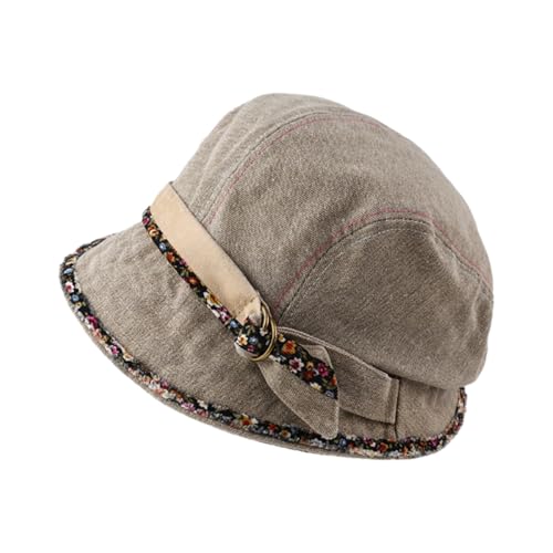 Women Denim Bucket Hat Brim with Floral Foldable Versatile Cap - color: Khaki