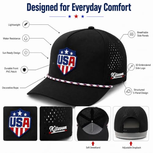 Patriotic Golf Rope Hat for Men, 5 Panel Adjustable Snapback Outdoor Cap - color: Black