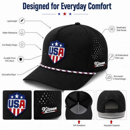 Patriotic Golf Rope Hat for Men, 5 Panel Adjustable Snapback Outdoor Cap - color: Black