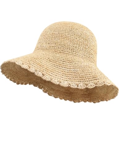 Women's Raffia Straw Bucket Hat Natural Raffia Beach Hat Handmade Woven Foldable Sun Hats Summer Travel Cap - color: Natural-scalloped