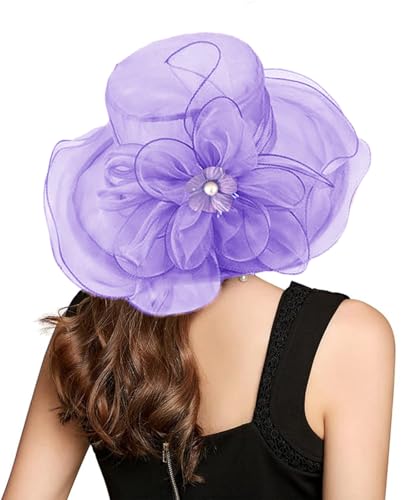 Organza Fascinator Hat - Women’s Wide Brim Church Bridal Tea Party Wedding Hat - color: 02a-light Purple