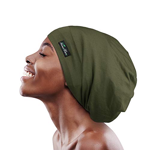 FocusCare Satin Lined Sleep Slouchy Cap Curly Girl Slap Headwear Gifts for Frizzy Hair Women - color: Army Green