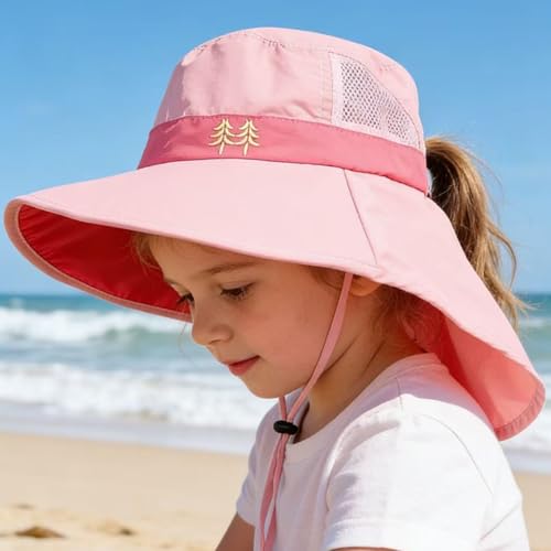 Kids Sun Hats UPF 50+ Sun Protection Hat for Kids with Neck Flap Adjustable Large Brim Beach Fishing Hat for Age 3-12 - color: Pink-08