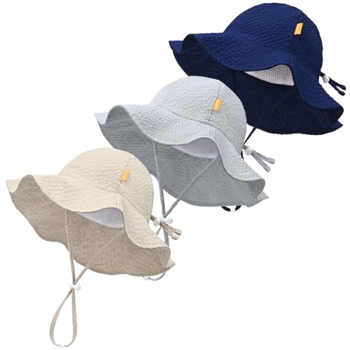 Baby Sun Hat Toddler Boy Girl Adjustable Outdoor Beach Hat Kids Wide Brim - color: Khaki & Gray & Navy -3pcs, size: 6-24 Months