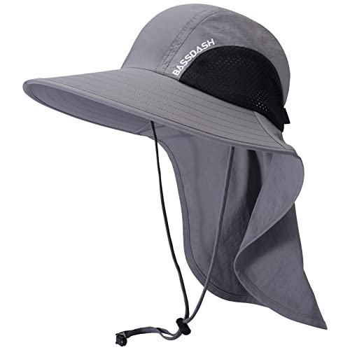 BASSDASH UPF 50+ Unisex Water Resistant Wide Brim Sun Hat with Large Neck Flap Ponytail Fishing Hat for Men Women - color: Light Grey