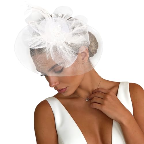 Womens Fascinators Mesh Hats Tea Party Hats for Women Feather Veil Headband - color: White