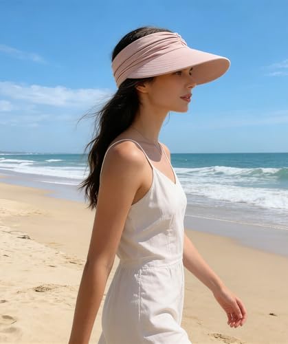 Sun Hat Women Sun Beach Visor Cap UV Protection Summer Wide Brim Hat for Sports Beach Golf Tennis Hiking - color: Pink