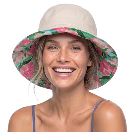 TOP-EX ChicPony Women's UPF 50+ Cotton Linen Wide Brim Sun Hat - color: Beige With Printed Lining, size: Medium