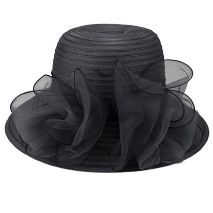 DRESHOW Lady Derby Dress Church Bowler Cloche Hat Bowknot Organza Bridal Cap for Wedding - color: 1 Pack Bowler Hat: Black