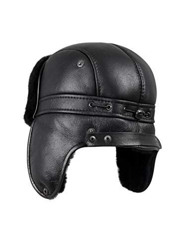 Unisex Shearling Sheepskin Aviator Russian Ushanka with Snap Hat Medium Solid Black