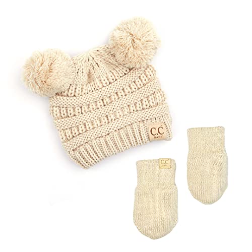 Funky Junque Baby Double Faux Fur Pom Pom Beanie & Mittens Set – Newborn Infant 0–9 Months Winter Hat with Soft Lined Mittens - color: Beige (0-9 Mo)