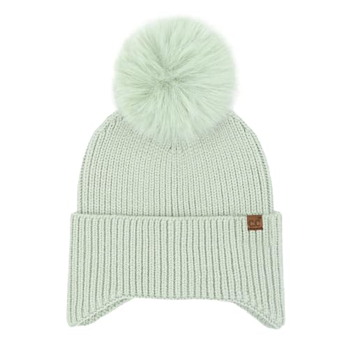 C.C Sequin Pom Beanie for Women - Acrylic Stretchable Soft Warm Knit Winter Skully Hat with Yarn Pom - color: Earflap-sage