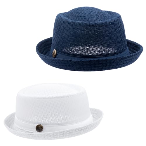 Straw Mesh Pork Pie Hat,Men Summer Fedora,Lightweight Bowler Flat Top - color: White+navy Blue