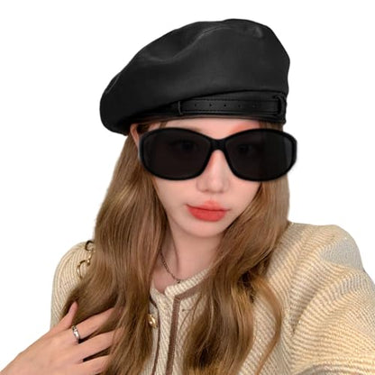 MINGSEECESS Women PU Leather French Black Beret Hat Causal Beanie Hat - color: Belt-black