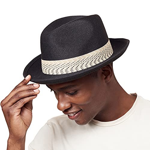 Pineapple&Star Genoa Fedora Bucket Sun Straw Beach Hat Fine Braid UPF50+ Unisex - color: Black_stardancer, size: Small