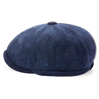 Men's Wool Newsboy Cap 8-Panel Tweed Taxi Hat Herringbone Gatsby Flat Hats - color: Navy Blue