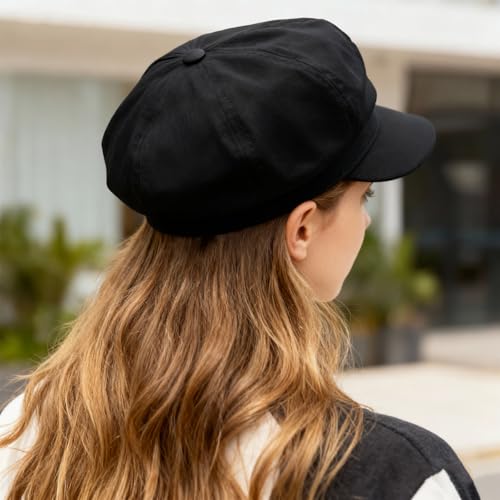Newsboy Cabbie Baker Boy Hat Beret Cap for Women Pageboy Hats Flat Visor Cap Sailor Hat Adjustable - color: Black