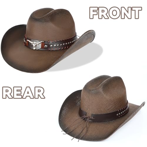 WQWOVRVO Cowboy Hat,Cowgirl hat,Brown Cowboy Hats for Women/Mens Straw Wide with Shapeable Brim Western Cowboy Hat for Womens - color: Dark Brown
