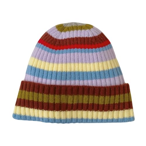 Colorful Striped Beanie Cuffed Winter Soft Rib Knit Hat for Women Men Gift - color: Brown