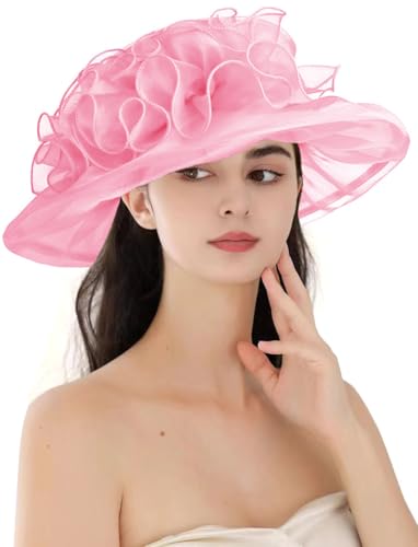 ORIDOOR Women's Organza Cloche Bowler Hat Derby Fascinator for Tea Party Bridal Wedding Hat - color: 013-pink