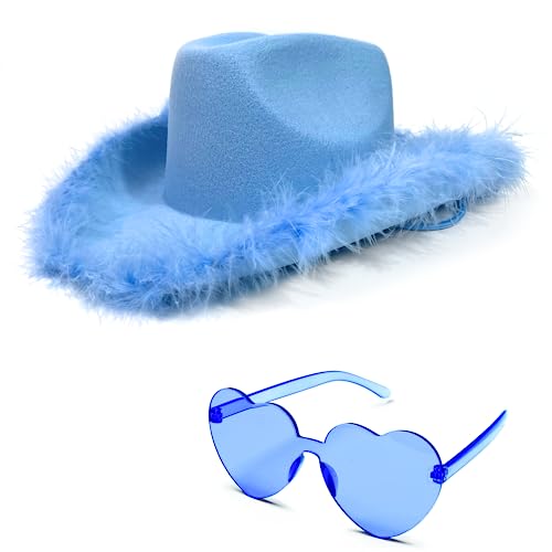 4E's Novelty Cowboy Hat with feathers With Heart Shaped Sunglasses for Women, Felt Cowgirl Hat for Party Costume Dress Up - color: Light Blue