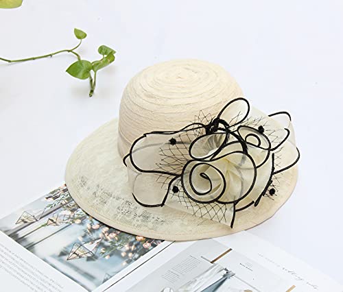 Organza Fascinator Hat - Women’s Wide Brim Church Bridal Tea Party Wedding Hat - color: 03-beige,black