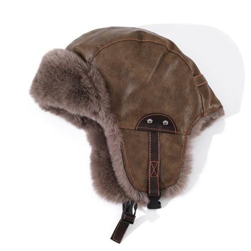Faux Fur Trapper Hat Womens Winter Hats with Ear Flaps Leather Ushanka Russian Hat for Men Cossack Hunter Ski Caps - color: Mg-lfm25119-green