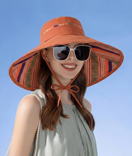 Reversible Wide Brim Sun Hat, Double-Sided Bucket Hat with Chin Strap, Packable UV Protection Beach Hat, Yellow - color: Orange