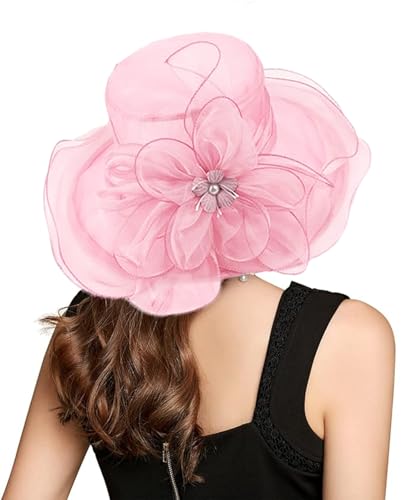 Organza Fascinator Hat - Women’s Wide Brim Church Bridal Tea Party Wedding Hat - color: 02a-lightpink