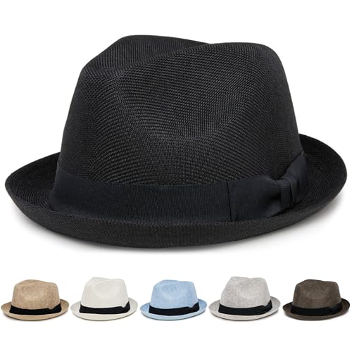 Funky Junque Men's Panama Porkpie Fedora, Linen Summer Beach Hat - color: Black, size: Small-Medium