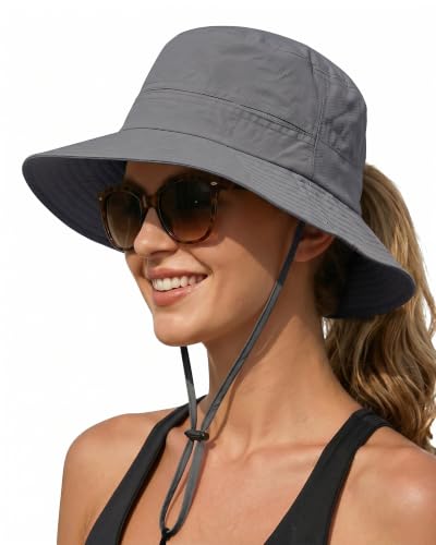 Womens Sun Hat Ponytail Packable UPF 50+ Waterproof Bucket Hat with Ponytail Hole for Beach Hiking Travel - color: Dark Grey