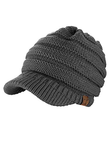 C.C Warm & Thick Cable Knitted Brim Visor Beanie Cap - color: Dark Melange Gray