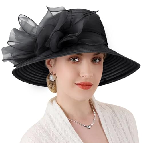 DRESHOW Lady Derby Dress Church Bowler Cloche Hat Bowknot Organza Bridal Cap for Wedding - color: 1 Pack Bowler Hat: Black
