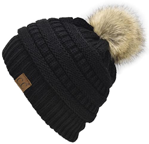 C.C Trendy Fuzzy Fleece Lined Warm Comfortable Soft Stretch Cable Knit Ribbed Faux Fur Pom Pom Beanie Hat - color: Black