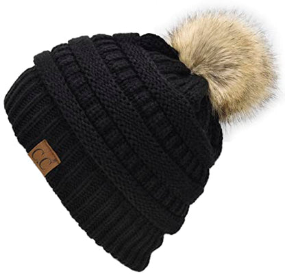 C.C Trendy Fuzzy Fleece Lined Warm Comfortable Soft Stretch Cable Knit Ribbed Faux Fur Pom Pom Beanie Hat - color: Black