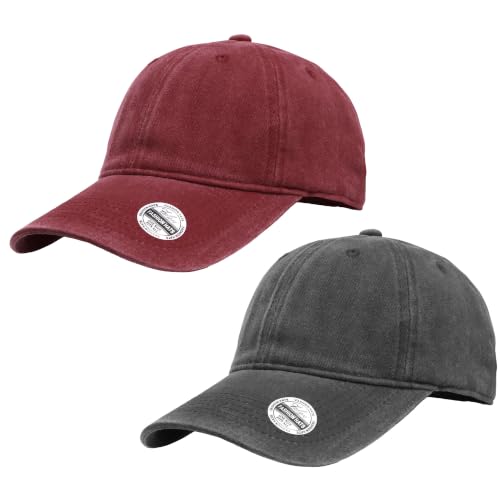 Falari Vintage Washed Cotton Baseball Caps, Original Classic Adjustable Size Low Profile Unconstructed Distressed Dad Hat - color: 2pk - Black & Burgundy