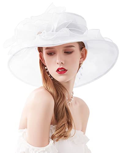 Women Derby Fascinator Hat Organza Church Wedding Hats Wide Brim Cocktail Tea Party Hat - color: 14 White