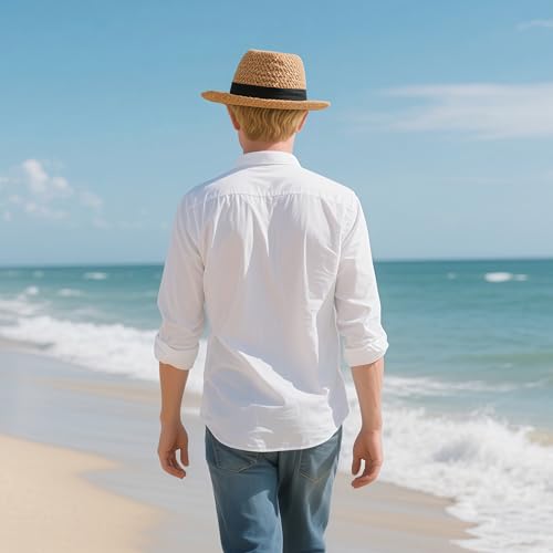 Straw Sun Hat Wide Brim Panama Boater Hat for Women & Men - Lightweight Foldable Summer Beach Hat for Vacation - color: Black
