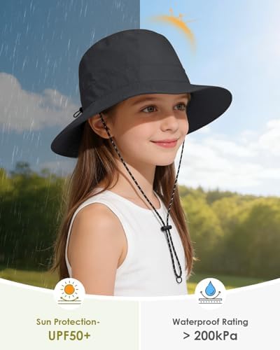 Kids UPF 50+ Waterproof Sun Hat, Packable Wide Brim Bucket Hat - color: Dark Grey