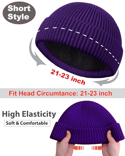 Short Fisherman Beanie for Men Women Wool Fleece Lined Winter Hat - color: 1pcs-dark Purple