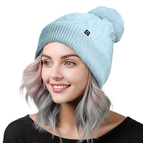DALIX Cable Knit Pom Beanie Soft Stretch Skully Warm Fuzzy Faux Sherpa Winter Ski Beanie - color: Light Blue