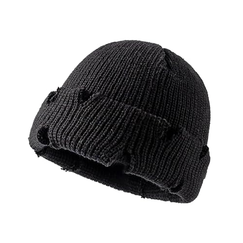Unisex Warm Knit Skull Cap Hip-hop Slouchy Ripped Knitted Hat - color: Black