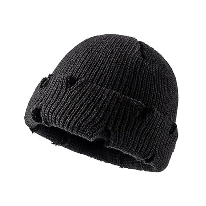 Unisex Warm Knit Skull Cap Hip-hop Slouchy Ripped Knitted Hat - color: Black