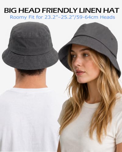 Zylioo XXL Linen Bucket Hat for Big Heads, Summer Travel Sun Hat - color: Dark Gray, size: X-Large-XX-Large