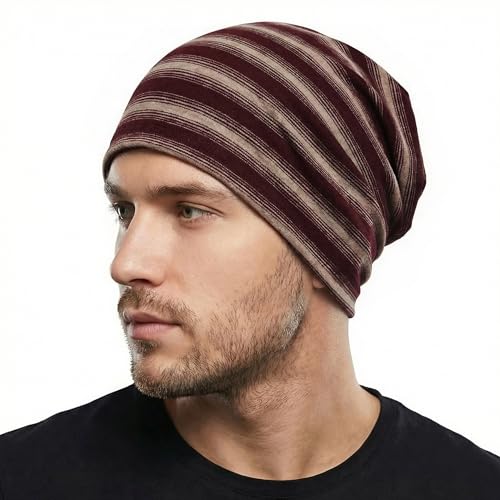 ZLYC Cotton Thin Slouchy Beanie Hat for Men Women Stretch Skull Cap - color: Striped Burgundy and Khaki, size: One Size